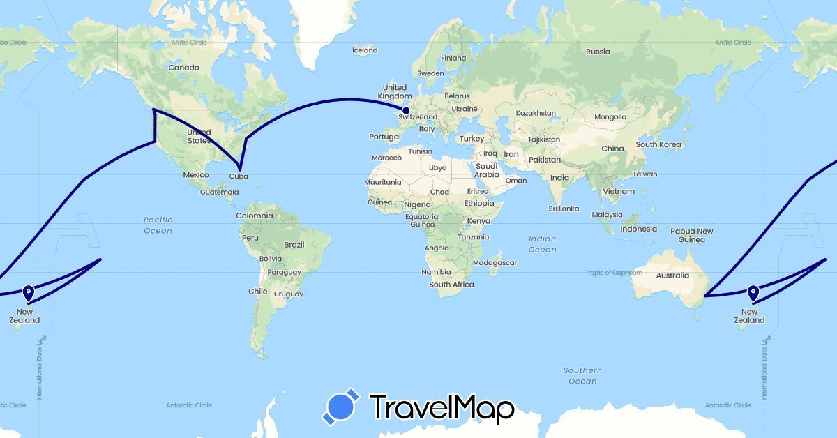 TravelMap itinerary: driving in Australia, Canada, France, New Zealand, United States (Europe, North America, Oceania)
